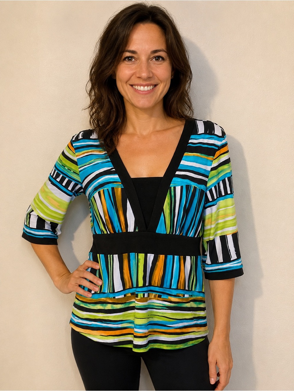 Frank Lyman Design Multicolor Striped V-Neck Peplum Top - Black Trim
